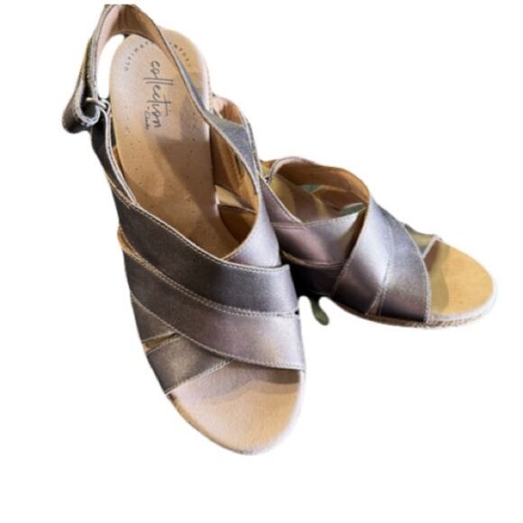 Clarks Pewter Leather Wedge Sandals with Slingback and Open Toe, New! Size 10 - Picture 1 of 6